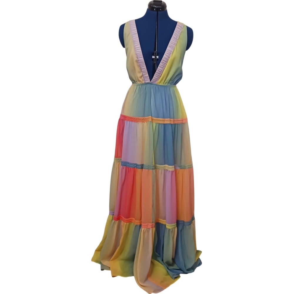 Dress Maxi Deep V Boho Pastel Small Rainbow Cross Back